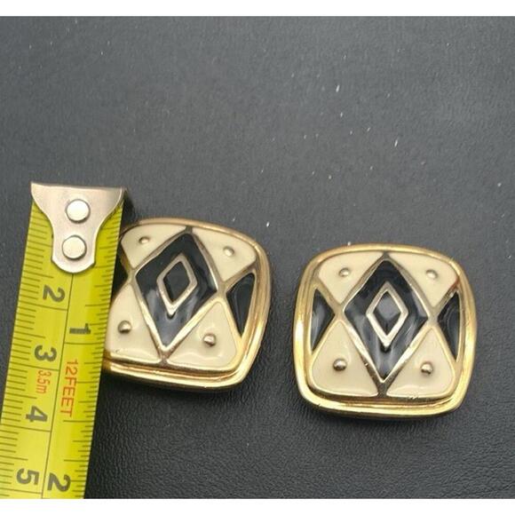 Vintage Premier Design Chunky Large Square Clip On Earrings Black & Cream Enamel - Picture 3 of 4